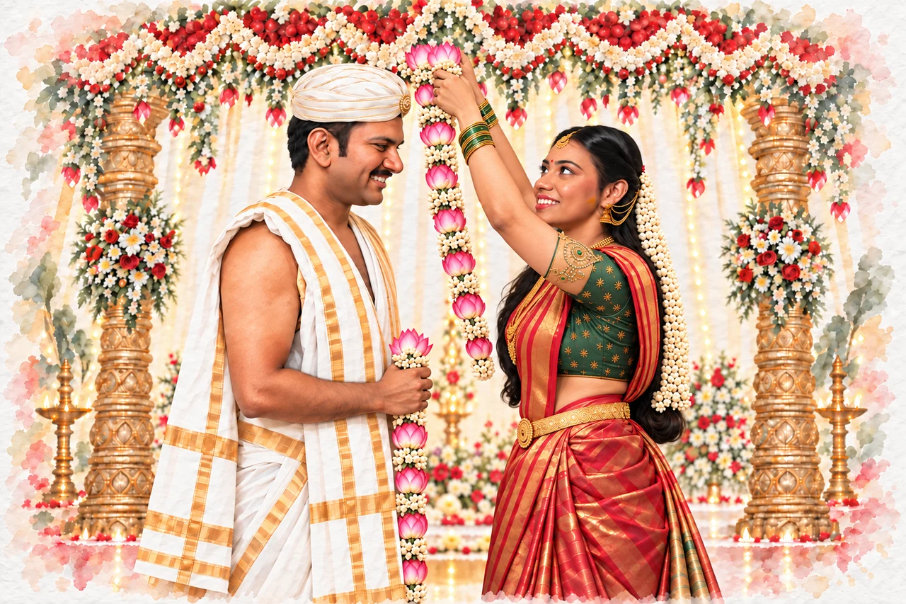 Amulya lifts her garland toward Nagabhushana
