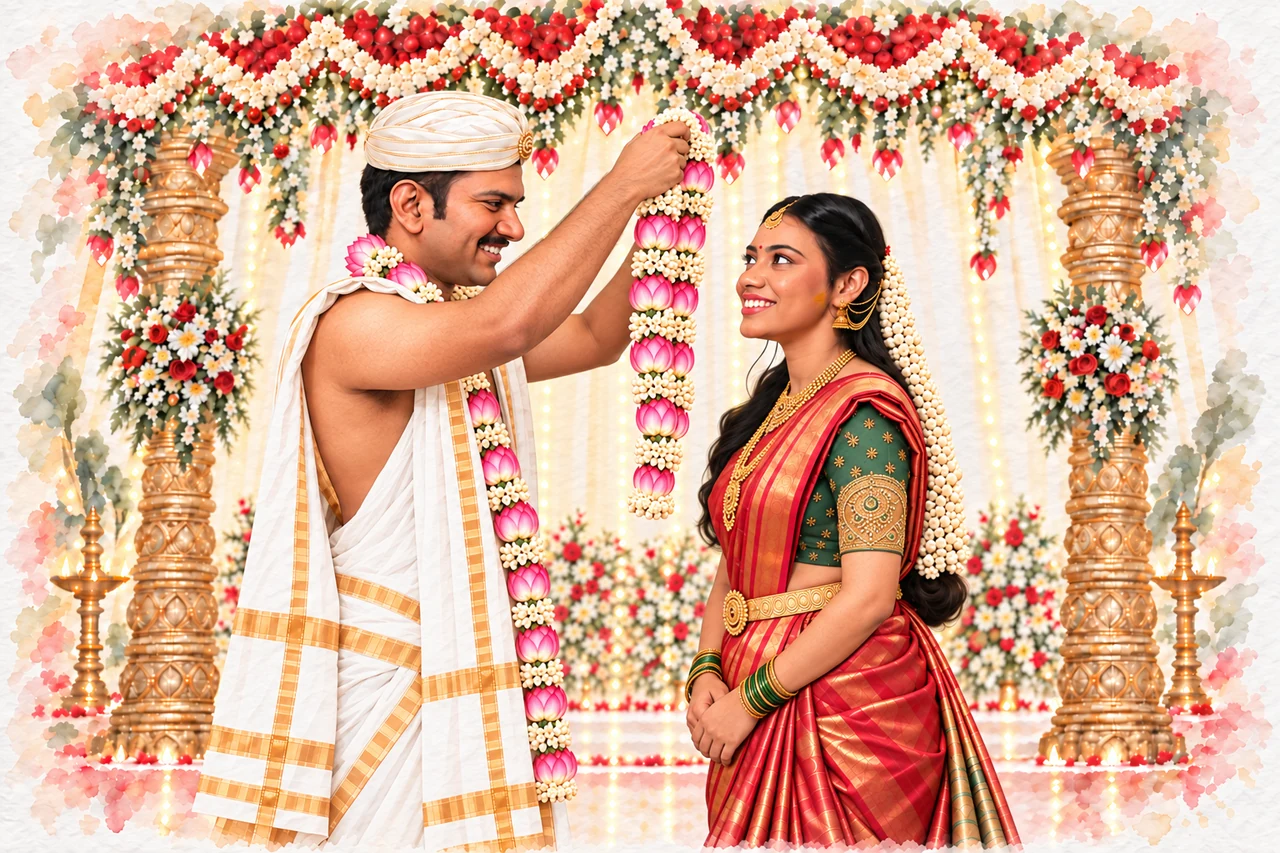 Nagabhushana lifts his garland toward Amulya