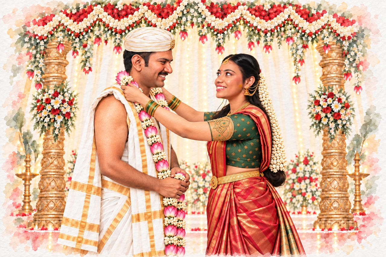 Amulya places her lotus mala on Nagabhushana as he smiles with his hands lowered