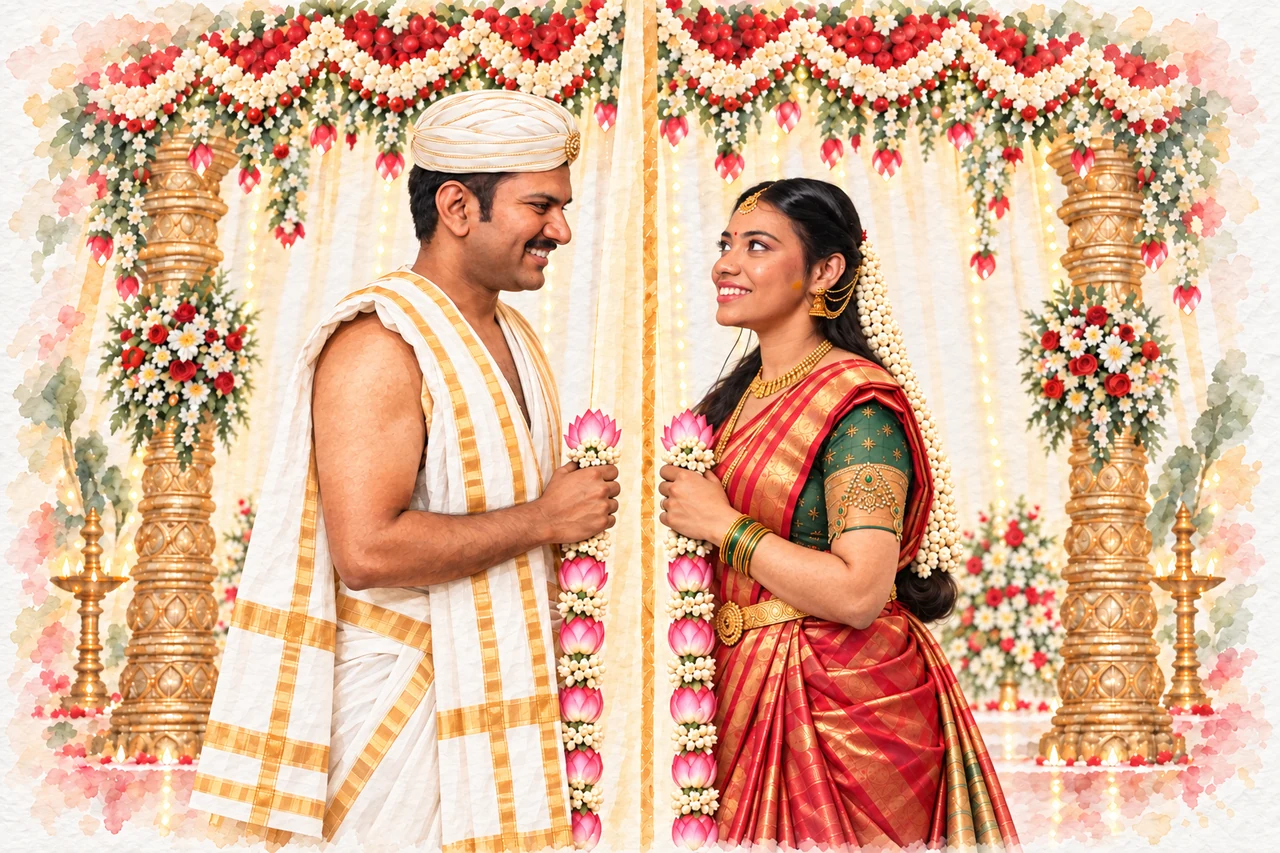 Side-profile watercolor of Amulya and Nagabhushana smiling at each other across the antarpata beneath a two-pillar floral mandap