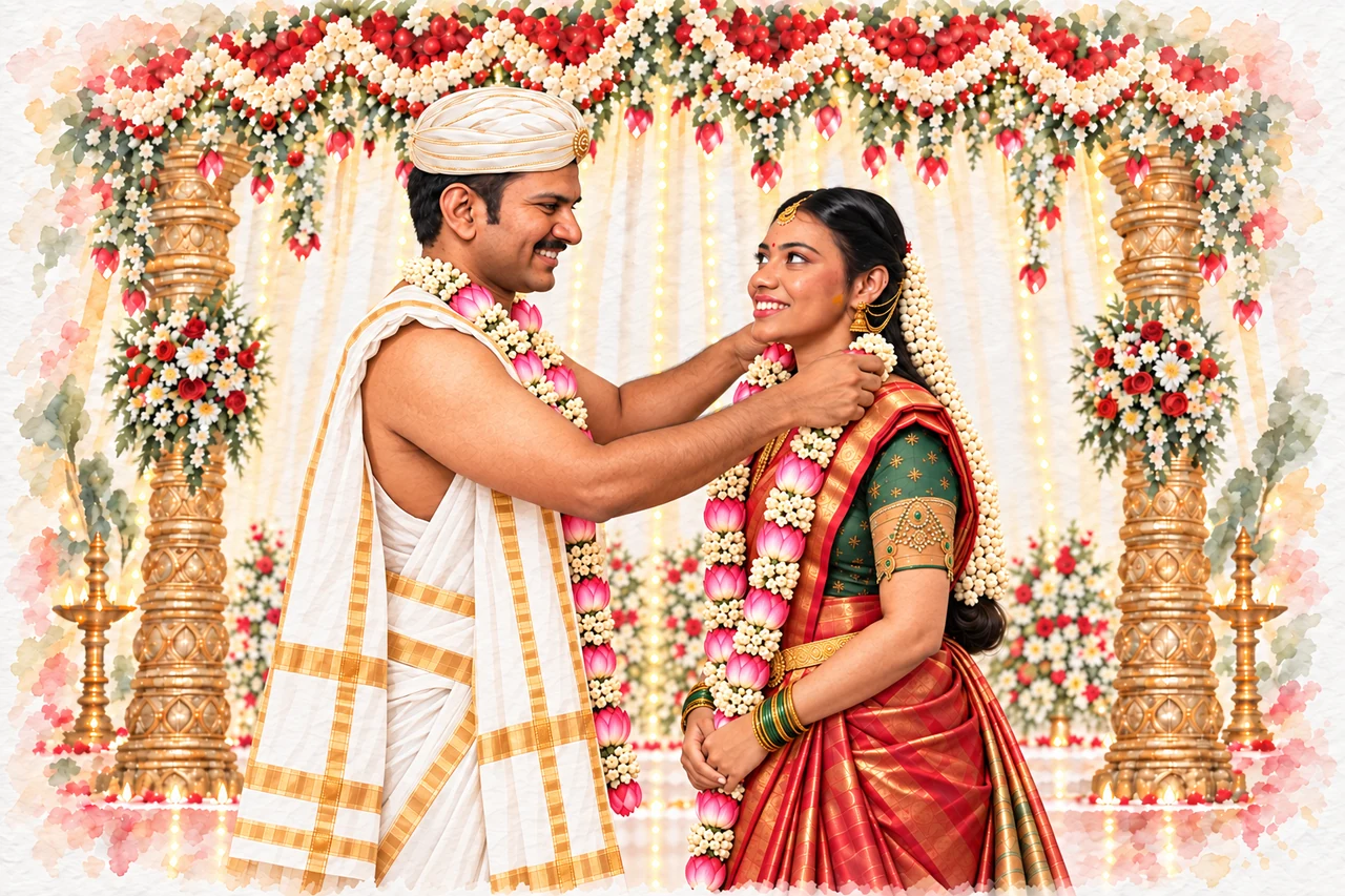 Nagabhushana places his lotus mala on Amulya as she smiles with her hands lowered