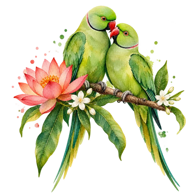 Two affectionate watercolor parrots nestled together on a mango twig