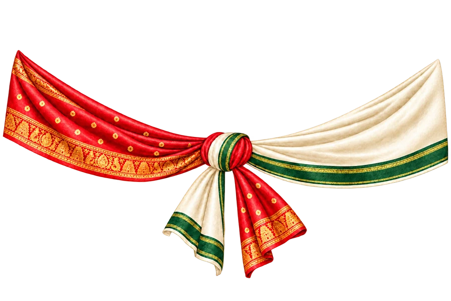 Red sari and ivory dhoti cloth joined in a wedding knot